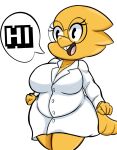  alphys anthro belly big_breasts breasts buckteeth chubby_anthro chubby_female clothed clothing coat dialogue english_text eyewear female front_view glasses hi_res lab_coat lizard maikyoh non-mammal_breasts open_mouth open_smile overweight overweight_anthro overweight_female reptile scales scalie simple_background slightly_chubby smile solo speech_bubble teeth text thick_tail thick_thighs topwear undertale video_games wide_hips yellow_body yellow_scales 