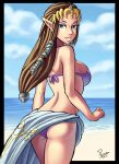  absurd_res beach big_breasts bikini blue_eyes blue_sky breasts brown_hair butt butt_pose clothing cloud day female hair hi_res humanoid humanoid_pointy_ears hylian long_hair looking_at_viewer looking_back nintendo not_furry outside parsujera portrait pose princess_zelda purple_bikini purple_clothing purple_swimwear sea seaside sky smile solo swimwear the_legend_of_zelda the_legend_of_zelda:_twilight_princess three-quarter_portrait three-quarter_view video_games water 