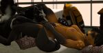  3d_(artwork) anthro backpack bed black_body black_fur black_sclera blurred_background canid canine canis cunnilingus digital_media_(artwork) duo eye_contact female fur furniture hand_holding happy happy_sex hi_res inside looking_at_another lying lying_on_bed male male/female mammal muscular muscular_female muscular_male on_back on_bed oral petruz_(copyright) pillow sex smile source_filmmaker vaginal wolf wolf_(petruz) wolfikous yellow_body yellow_fur 