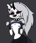  2021 absurd_res angry anthro black_nipples breasts canid canid_demon clothed clothing clothing_lift collar demon dr._pizza_boi female fur hellhound helluva_boss hi_res loona_(vivzmind) mammal nipples notched_ear red_sclera shirt shirt_lift small_breasts solo spiked_collar spikes topwear white_body white_fur 