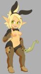  2021 absurd_res blonde_hair blush bow_(weapon) bow_tie breasts clothing cra elf evangelyne fake_ears fake_rabbit_ears female freckles genitals gloves green_eyes grey_background hair handwear hi_res holding_bow_(weapon) humanoid mirrorreach navel nipples not_furry open_mouth pussy ranged_weapon simple_background smile solo weapon 