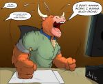  anthro artietheartbull bovid bovine cattle clothed clothing digital_media_(artwork) english_text humor male mammal monday muscular muscular_anthro muscular_male solo speech_bubble text work 