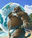  2021 absurd_res anthro armpit_hair beach belly body_hair brown_body brown_fur bulge clothing dendoro detailed_background eyes_closed fur hi_res humanoid_hands kemono male mammal moobs nipples outside overweight overweight_male seaside solo suid suina sus_(pig) swimwear water wild_boar 