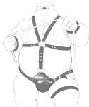  2021 anthro bdsm belly bondage bound bulge clothing hachirouta harness hi_res humanoid_hands kemono leather male mammal monochrome moobs nipples overweight overweight_male simple_background solo underwear ursid white_background 