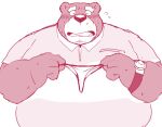  12beat13 2021 anthro belly blush clothing eyes_closed humanoid_hands kemono male mammal overweight overweight_male shirt simple_background solo topwear underwear ursid white_background 
