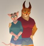  2021 5_fingers anthro big_floppa bingus bottomwear breasts caracal caracal_(genus) clothed clothing digital_media_(artwork) domestic_cat duo eyewear felid feline felis female fingers fully_clothed glasses green_eyes mammal smile standing tenynnart topwear yellow_eyes 