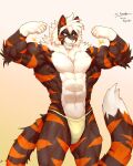  4:5 abs absurd_res anthro biceps bottomwear captainjohkid clothing english_text felid flexing fur hair hi_res male mammal muscular muscular_anthro muscular_male pantherine pecs simple_background solo striped_body striped_fur stripes text tiger 