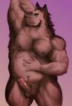  2021 absurd_res anthro balls belly brown_body brown_fur brown_nose canid canine erection fur genitals hi_res humanoid_genitalia humanoid_hands humanoid_penis kemono male mammal meguru_salmon moobs nipples overweight overweight_male penis simple_background solo 