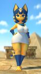  2021 3d_(artwork) 4k 9:16 absurd_res altar animal_crossing ankha_(animal_crossing) anthro barefoot bedroom_eyes big_breasts blue_eyes blue_hair breasts claws clothed clothing desert digital_media_(artwork) domestic_cat egyptian egyptian_clothing feet felid feline felis female frown hair hand_on_hip hazeker hi_res jewelry looking_at_viewer mammal narrowed_eyes nintendo outside panties pantsless panty_shot pyramid seductive sky solo source_filmmaker standing thick_thighs underwear uraeus video_games voui wide_hips yellow_body 