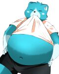  2021 anthro belly black_nose blue_body blue_fur bottomwear bulge clothing fur hi_res kemono male mammal moosh navel nintendo oracle_of_ages oracle_of_seasons overweight overweight_male shirt shorts simple_background solo the_legend_of_zelda topwear trail_arnak ursid video_games white_background 