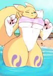  2019 3_fingers absurd_res anthro bandai_namco barely_visible_genitalia barely_visible_pussy beach black_nose blue_eyes breasts canid claws countershading day digimon digimon_(species) female fingers fur genitals hi_res looking_at_viewer mammal nipple_outline outside pussy renamon sand seaside smile solo thick_thighs under_boob voicedbarley water white_body white_countershading wide_hips yellow_body yellow_fur 