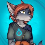  animated anthro black_nose blinking bloodline bloodline_(webcomic) breasts canid canine canis clothed clothing ear_piercing ear_ring female fox fur grey_body grey_fur hair low_res mabaya mammal open_mouth piercing short_playtime sil_(bloodline) solo yellow_eyes 