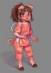  2019 absurd_res alternate_species anthro brown_hair chihiro_ogino corelle-vairel domestic_pig female ghibli grey_background hair hi_res hooves looking_aside mammal open_mouth pink_body ponytail simple_background solo spirited_away standing suid suina sus_(pig) young 