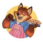  1:1 2018 anthro apron black_nose canid canine clothing dessert disney food fox gamutfeathers gideon_grey male mammal overweight overweight_male pie shirt simple_background solo topwear zootopia 