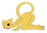  2021 anthro ass_up bethesda_softworks breast_squish breasts butt colored felid female fur katia_managan khajiit kneeling mammal one_eye_closed pawpads pink_tongue prequel simple_background solo squish the_elder_scrolls tongue video_games webcomic yellow_body yellow_fur yellow_sclera zokva 