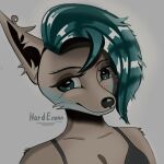  1:1 anthro black_nose blue_eyes blue_hair breasts canid canine canis cleavage clothed clothing female fur hair hardenonn hi_res looking_at_viewer mammal neutral_expression portrait shirt signature simple_background solo tan_body tan_fur tank_top topwear wolf 
