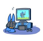  2021 anthro blue_body blue_ears blue_tail butt controller day-t game_console game_controller hi_res lucario melee_weapon multicolored_body nintendo pok&eacute;mon pok&eacute;mon_(species) rear_view signature sword television video_games weapon yellow_body 