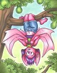  2018 adelaide_(squirrel) anthro bat_wings bottomwear breasts chiropteran clothed clothing eating female food fruit fur hair mammal membrane_(anatomy) membranous_wings midriff navel pink_body pink_fur plant purple_hair shorts solo sonitweek tree upside_down winged_arms wings 