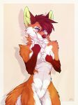  2017 5_fingers anthro antrage biped border breasts brown_body brown_fur brown_hair brown_nose canid canine claws covering covering_breasts covering_self daniel156161_(character) featureless_crotch female fingerless_(marking) fingers fluffy fox fur green_body green_claws green_fur green_inner_ear_fluff green_pawpads hair head_tuft hi_res inner_ear_fluff lara_(daniel156161) looking_at_viewer mammal multicolored_body multicolored_fur multicolored_tail outside_border pawpads pink_eyes portrait short_hair simple_background small_breasts solo tail_tuft tan_background tan_body tan_fur three-quarter_portrait tuft white_body white_border white_fur 