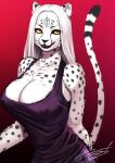  2021 amber_eyes anthro big_breasts black_body black_fur black_nose breasts cheetah cleavage clothed clothing facial_markings felid feline female fluffy fur hair half-length_portrait head_markings huge_breasts kemono long_hair looking_at_viewer mammal markings multicolored_body multicolored_ears multicolored_fur multicolored_tail nipple_outline nogi open_mouth portrait shirt signature solo spots spotted_body spotted_fur tank_top teeth topwear white_body white_fur white_hair 