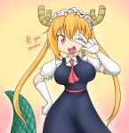  2017 animal_humanoid big_breasts blonde_hair breasts clothing dialogue digital_media_(artwork) dragon dragon_humanoid dress english_text eyelashes female fingers gloves hair hand_on_hip handwear horn horned_humanoid huge_breasts humanoid looking_at_viewer miss_kobayashi&#039;s_dragon_maid one_eye_closed orange_eyes sandwich-anomaly simple_background smile solo talking_to_viewer tan_body tan_skin teeth text tohru_(dragon_maid) tongue wink yellow_background 