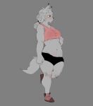  2021 5_fingers accessory anthro athletic blush bodily_fluids boots canid canine canis clothing crop_top female fingers fluffy fluffy_tail footwear fur hair_accessory hair_tie hand_on_hip hi_res just_app1e mammal muscular muscular_female navel shirt slightly_chubby solo standing sweat thick_thighs topwear wide_hips wolf 