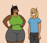  2021 animated anthro big_breasts black_bottomwear black_clothing black_hair black_nose bottomwear breasts brown_body brown_ears canid canine canis clothed clothing dobermann domestic_dog duo english_text felid feline female fur gina_(kostos_art) grey_bottomwear grey_clothing hair hand_on_hip hands_on_hips kostos_art looking_at_another looking_at_breasts looking_at_viewer low_res lynx mammal marty_(kostos_art) narrowed_eyes pinscher pose russian_text short_playtime smile text wide_hips 