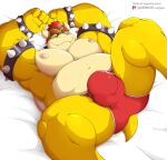  anthro armband bed bowser bracelet bulge clothing eyebrows furniture gojho hair hi_res horn jewelry koopa lying male mario_bros musclegut muscular muscular_anthro muscular_male nintendo nipples on_back pecs red_clothing red_hair red_underwear reptile scalie solo spiked_armband spiked_bracelet spikes underwear video_games yellow_body 