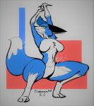  anthro blue_body bodily_fluids breasts butt canid canine diamonsion digital_media_(artwork) ellie_(diamonsion) erection female fox fur green_eyes hair hi_res looking_at_viewer mammal nude pose simple_background solo spread_legs spreading thick_thighs 