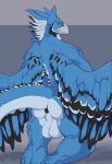  2021 anthro anus avian backsack balls beak big_balls black_anus black_body black_feathers blue_body blue_feathers butt digital_media_(artwork) feathered_wings feathers genitals grey_background gryphon hi_res kira_adelay kneeling l0st male multicolored_body multicolored_feathers mythological_avian mythology simple_background solo white_body white_feathers wings 