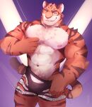  2021 abs absurd_res anthro biceps bottomwear chest_tuft claws clothed clothing disney felid finger_claws fur genitals hi_res makowolf1 male mammal muscular muscular_male nipples one_eye_closed pantherine pecs penis penis_base portrait pubes quads shorts skimpy smile solo striped_body striped_fur stripes three-quarter_portrait tiger tiger_dancer_(zootopia) translucent translucent_clothing triceps tuft undressing vein veiny_penis zootopia zootopia_shorts 