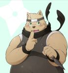  2021 anthro belly blush brown_body brown_fur clothed clothing fur green_eyes humanoid_hands kemono male mammal ninja overweight overweight_male pomupomu490 solo warrior weapon 