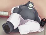  2021 anthro belly black_body black_fur black_nose bodily_fluids bottomwear clothing fur hi_res humanoid_hands kemono male mammal moobs navel nipples noctnoc overweight overweight_male pants sitting solo sweat ursid 