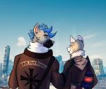  anthro canid canine city clothed clothing cyberpunk_2077 duo female fox hi_res jye male mammal sharkface_(character) skye_(amorous) unknown_artist 