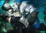  absurd_res biceps big_muscles breasts claws clothed clothing drks felid fur hair hi_res league_of_legends lion male male/male mammal muscular pantherine pecs rengar_(lol) riot_games tight_clothing topwear ursid video_games volibear white_body white_fur 