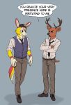  2021 absurd_res annoyed anthro antlers beastars bottomwear brown_body brown_eyes brown_fur brown_hair canid canine canis cervid claws clothing crossed_arms dialogue dress_shirt duo english_text fan_character ffog footwear fur grey_background hair hi_res horn humor hybrid lagomorph leporid looking_at_another louis_(beastars) male mammal multicolored_body multicolored_fur narrowed_eyes necktie open_mouth pants pink_body pink_fur rabbit reaction_image shirt shoes simple_background standing text topwear vest walking white_body white_fur wolf yellow_body yellow_fur 