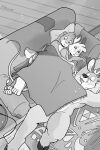 2:3 anthro antlers butt cervid didelphid eyes_closed fur furniture group hi_res horn inside lagomorph leporid male mammal marsupial monochrome nude pillow pit_fighters rabbit rug sleeping sleeping_together sofa strawbearer virginia_opossum 