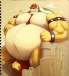  2020 absurd_res anthro ara_chibi armband barazoku belly big_belly big_bulge big_muscles bowser bracelet bulge castle clothing cloud collaboration collar colored croconut digital_media_(artwork) eyebrows hair hi_res horn huge_bulge huge_muscles hyper hyper_belly jewelry koopa licking licking_lips licking_own_lips looking_at_viewer macro male mario_bros mixed_media moobs musclegut muscular muscular_anthro muscular_male navel necktie nintendo nipples obese obese_anthro obese_male overweight overweight_anthro overweight_male pecs scalie self_lick shell signature simple_background small_head smile solo spiked_armband spiked_bracelet spiked_shell spikes spikes_(anatomy) standing tan_background thong tongue tongue_out traditional_media_(artwork) underwear video_games 