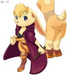  activision anthro bianca_(spyro) big_butt blonde_hair blue_eyes blush boots bra breasts butt cloak clothed clothing digital_media_(artwork) dress female footwear fur hair lagomorph leporid looking_at_viewer mammal meltycream no_underwear rabbit shoes simple_background solo spyro_the_dragon tan_body tan_fur underwear video_games wand white_background 