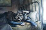  2021 anthro bed bed_sheet bedding bedroom black_nose blue_body blue_fur canid canine canis cellphone charging cheek_tuft claws clothing day detailed_background digital_media_(artwork) domestic_dog eyebrows facial_tuft finger_claws fingerless_(marking) fur furniture head_tuft headboard hi_res husky inside jacato light lighting lying male mammal morning multicolored_body multicolored_fur nordic_sled_dog on_bed on_side one_eye_closed one_eye_half-closed phone pillow prick_ears ryko shirt signature smartphone smile solo speedpaint spitz sprawled sunlight t-shirt tired topwear tuft two_tone_body two_tone_fur under_covers white_body white_fur white_inner_ear_fluff window 