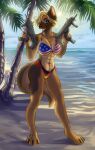  2021 5_fingers abs american_flag_bikini anthro athletic athletic_anthro athletic_female beach big_breasts bikini bikini_bottom bikini_top black_nose blonde_hair blue_eyes breasts brown_body brown_fur canid canine canis cinnameana claws cleavage clothed clothing colored_nails digital_media_(artwork) domestic_dog dora_(cigarsnscotch) feet female fingers flag_bikini fur german_flag_bikini german_shepherd gun hair herding_dog hi_res hindpaw holding_gun holding_object holding_weapon humanoid_hands mammal mp7 nails navel open_mouth open_smile outside palm_tree pastoral_dog paws plant plantigrade ranged_weapon sand seaside side_boob smile solo standing swimwear teeth toe_claws toes tongue tree trigger_discipline under_boob weapon 