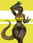  anthro bottomwear breasts brown_eyes claws clothed clothing female fivel hi_res hotpants komodo_dragon lizard looking_at_viewer midriff monitor_lizard navel non-mammal_breasts orange_sclera reptile scales scalie shorts simple_background smile white_background yellow_background 