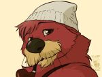  4:3 animal_crossing anthro beanie brown_eyes brown_nose bust_portrait clothing eclipsewolf fur hair hat headgear headwear looking_at_viewer lutrine male mammal mustelid nintendo object_in_mouth pascal_(animal_crossing) portrait red_body red_fur red_hair simple_background solo tobacco_pipe video_games whiskers 
