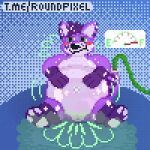  1:1 air_inflation anthro anus belly blush bodily_fluids butt canid canine digital_media_(artwork) fart fox hair hexafox hindpaw hose inflation male mammal paws pixel_(artwork) pool_toy purple_body purple_hair roundpixel solo sweat 