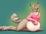  anthro belly big_belly brown_body brown_fur clothing dice_(tuftyboi) eyewear felid feline from_front_position fur glasses hi_res igglypou inflation lying lynx male mammal navel on_side pregnant pregnant_male solo spots striped_tail stripes sweater tan_body tan_fur topwear tuft 