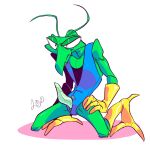  antennae_(anatomy) anthro arthropod black_eyes blue_clothing blue_topwear blue_vest clothed clothing dizzyclown exposed_penis genitals gloves green_body green_penis green_skin handwear hanna-barbera hi_res insect kneeling looking_at_viewer male mantis partially_clothed penis pinup pose shadow simple_background solo space_ghost_(series) topwear white_background yellow_clothing yellow_gloves yellow_handwear zorak_(character) 