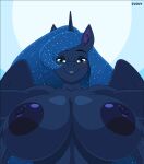  2021 animated anthro anthrofied areola big_areola big_breasts blue_body blue_fur blue_hair blush bouncing_breasts breast_jiggle breasts conditional_dnp cosmic_hair curvy_figure digital_media_(artwork) equid equine ethereal_hair evov1 eyebrows eyelashes eyeshadow feathered_wings feathers female first_person_view friendship_is_magic front_view fur hair hasbro hi_res horn horse huge_breasts looking_at_viewer makeup mammal my_little_pony nipples nude pony princess_luna_(mlp) short_playtime simple_background smile solo teal_eyes teeth voluptuous winged_unicorn wings 