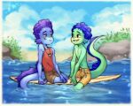  2021 alberto_scorfano anthro blue_body blue_scales blue_skin clothing darycn_art disney duo fin grass green_body green_scales green_skin hi_res long_tail luca_(pixar) luca_paguro male marine pixar plant red_eyes rock scales sea_monster sky smile surfboard water yellow_sclera young 