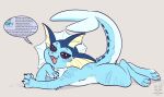  2021 ambiguous_gender blue_body blue_fur claws copypasta cute_fangs digitigrade eeveelution english_text fangs feral fin finger_claws fur grey_background hi_res looking_at_viewer lying meme nintendo on_front open_mouth open_smile phallusbro pok&eacute;mon pok&eacute;mon_(species) quadruped raised_tail simple_background smile solo sploot tail_fin text toe_claws vaporeon vaporeon_copypasta video_games 