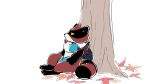  16:9 2021 anthro biped black_body black_fur black_nose brown_body brown_fur canid canine curry_(copyright) curry_(parker_simmons) fur hi_res leaf mammal parker_simmons plant raccoon_dog scarf sitting solo tanuki tree widescreen 